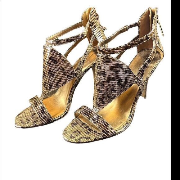 NWOT Nine West Shiny Embossed Leopard Leather Open Toe Stiletto Size 9 - Picture 6 of 11